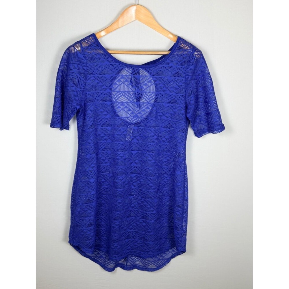 Miken Swim Blue Lace Cover Up Top Sheer Beach Pool Open Back Resort  Vacation L